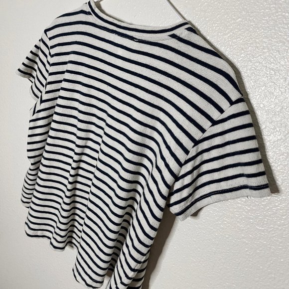 Apiece Apart | Easy Pocket Tee Striped Crop T-Shirt in Navy Cream - Picture 5 of 7
